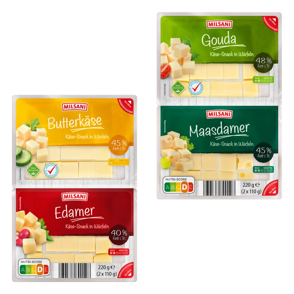 MILSANI Käse-Snack in Würfeln- Hartkäse & Käse Am Stück Bei Aldi Nord.