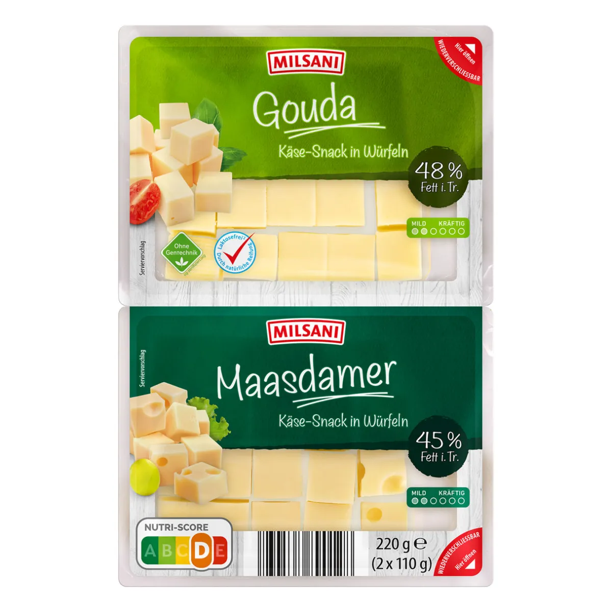 MILSANI Käse-Snack in Würfeln- Hartkäse & Käse Am Stück Bei Aldi Nord.
